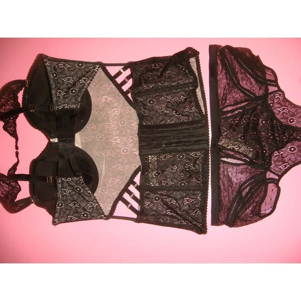 Victoria's Secret unlined 36C BRA SET+M+CORSET bustier Black floral lace strappy - Picture 4 of 7